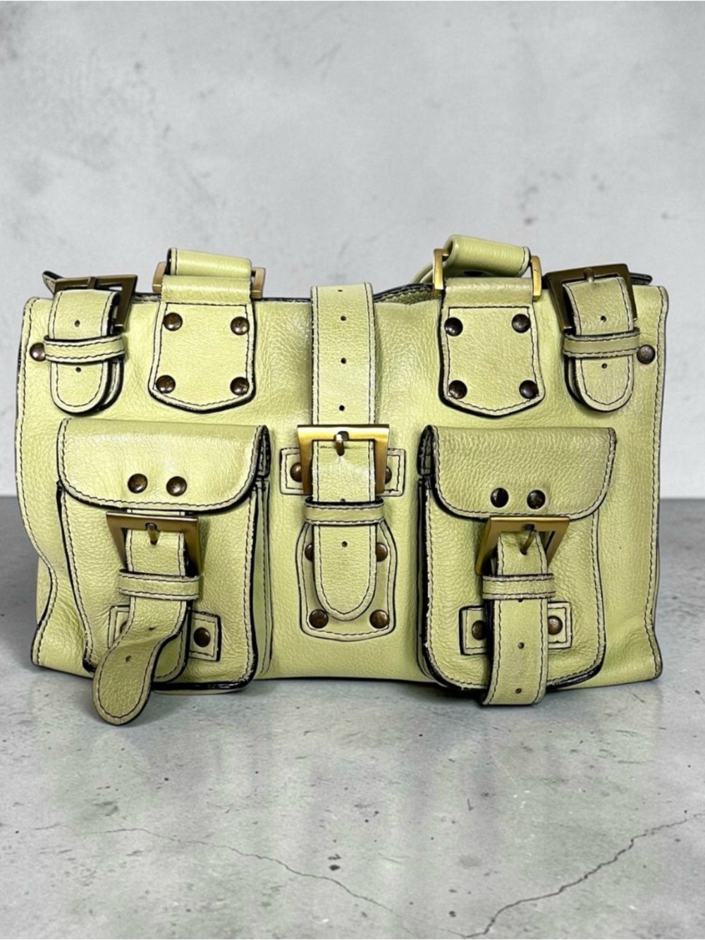 Tess Loriani Italy Y2K Leather Bag Green Buckle Cargo Pocket Shoulder Satchel